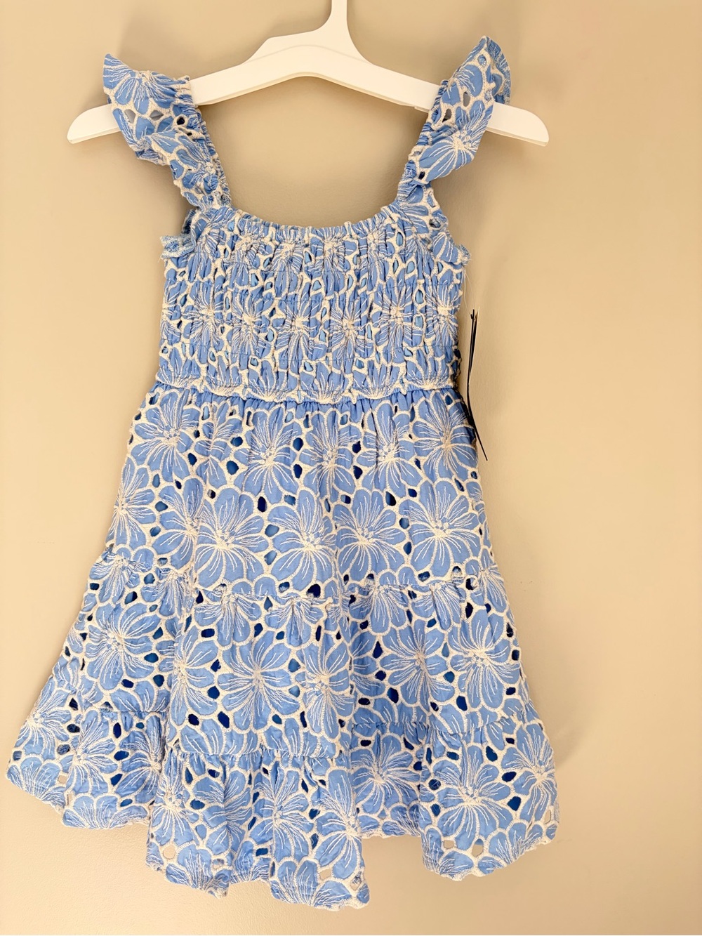 Girls Size 7 Blue Floral Eyelet Smocked Ruffle Dress NWT